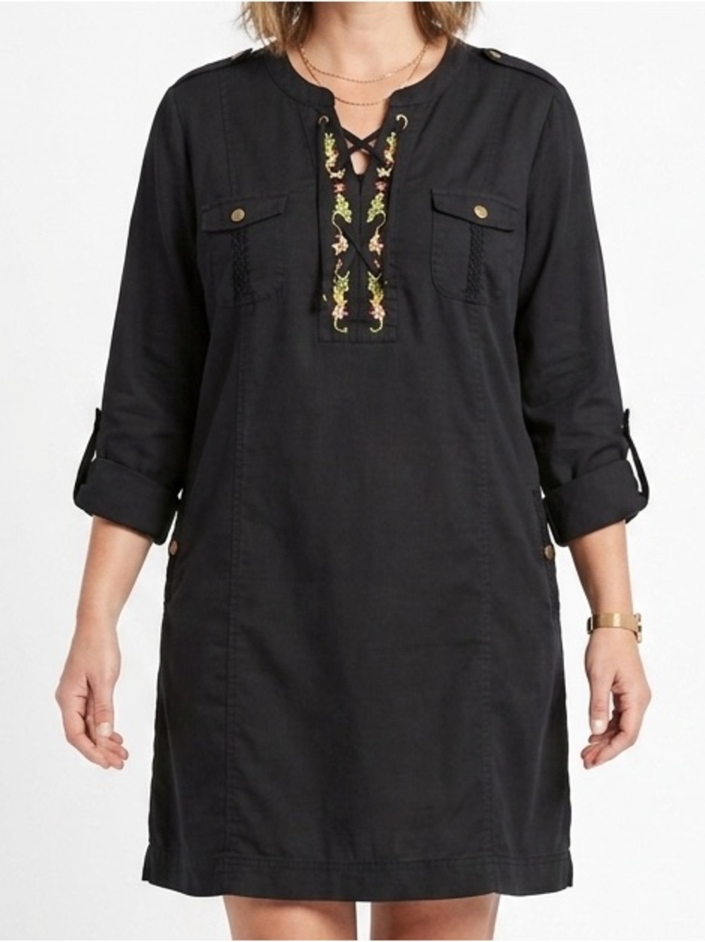 Chelsea & Theodore Embroidered Boho Tunic Dress Black XL Lace Up